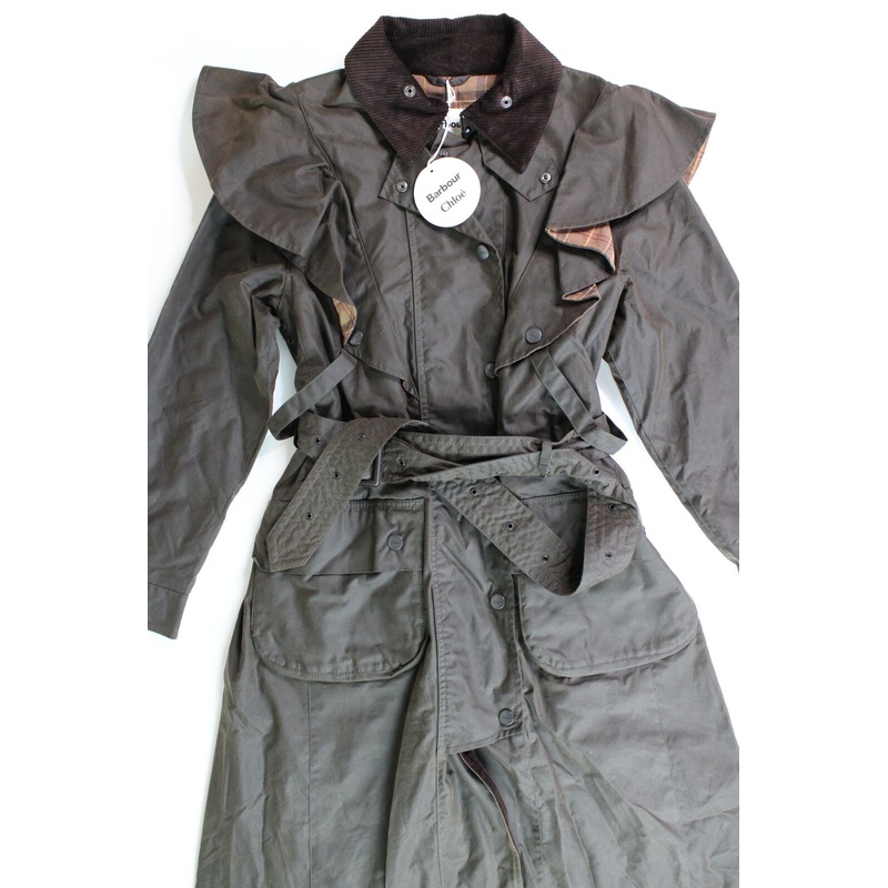 Barbour x Chlo Womens Dany Wax Trench Coat Size US 8 Dark Green Peat $2650