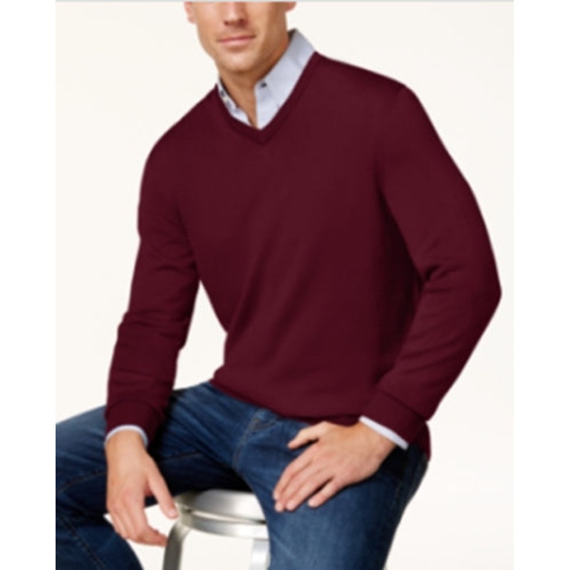 Club Room Mens Regular Fit Solid V Neck Sweater Red Plum Small