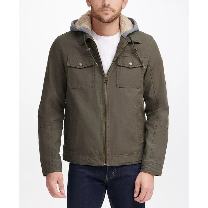 GUESS Men's Canvas Fleece Hood Trucker Jacket Small Olive Green