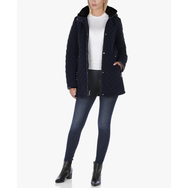 Laundry by Shelli Segal Petite Small PS Fleece-Lined Quilted Coat Pretoria Navy