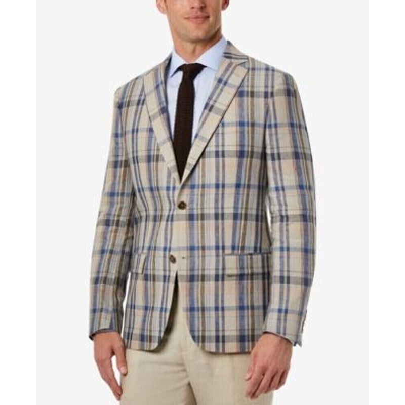 Lauren Ralph Lauren Mens Ultraflex Stretch Linen Blazer 44R Tan Blue