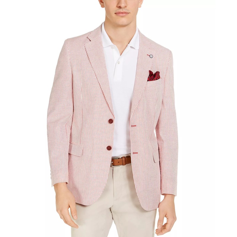 Nautica Mens Sport Coat Red White 42S Modern-Fit Stretch Stripe Seersucker