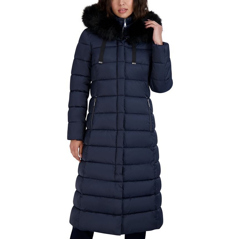 TAHARI Women's Hooded Maxi Puffer Coat Medium Navy Blue NO FUR INCLUDED