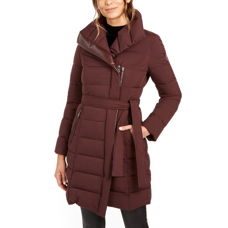Tahari Womens Asymmetrical Belted Puffer Coat Large Burgundy Red