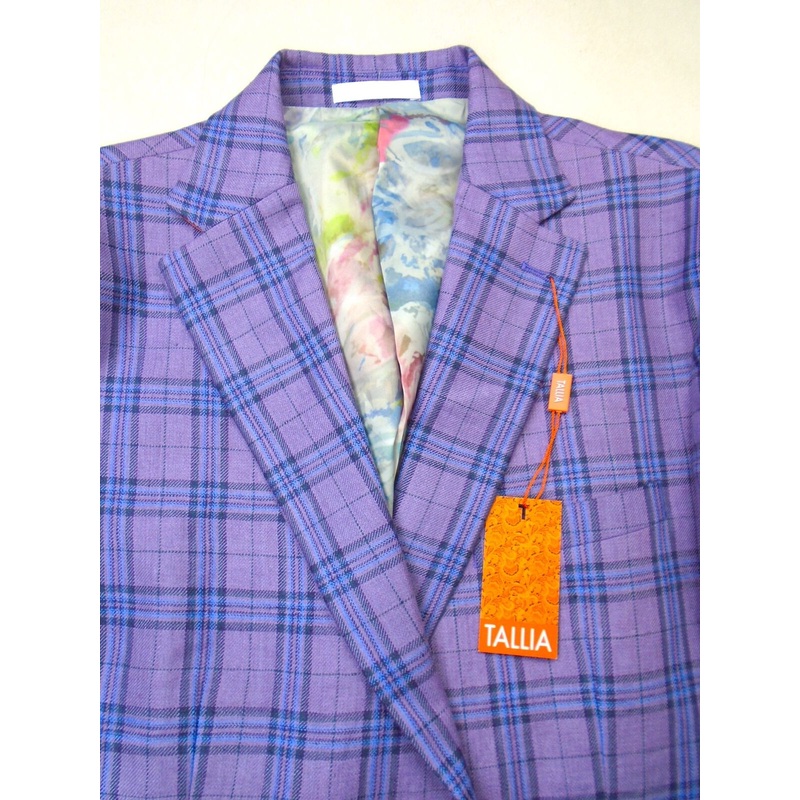 Tallia Mens Slim Fit Linen Sport Coat Blazer 46R Purple Plaid