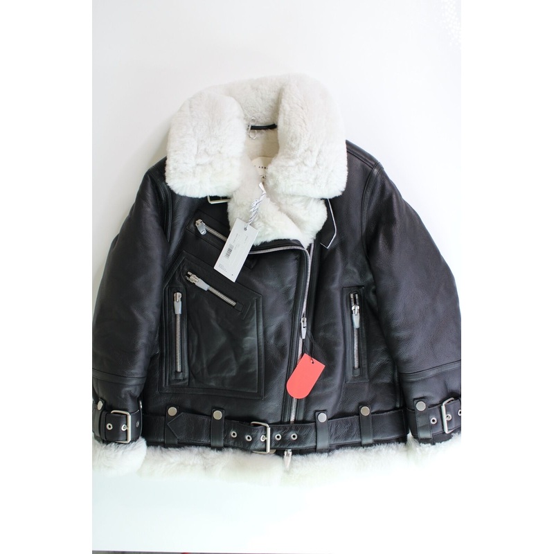 The Arrivals Womens Moya Leather & Shearling Trim Jacket XS Black White