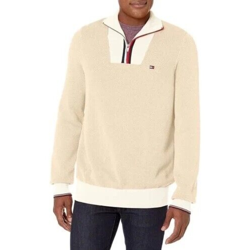 Tommy Hilfiger Men's Manhattan Quarter Zip Sweater White Suede XL