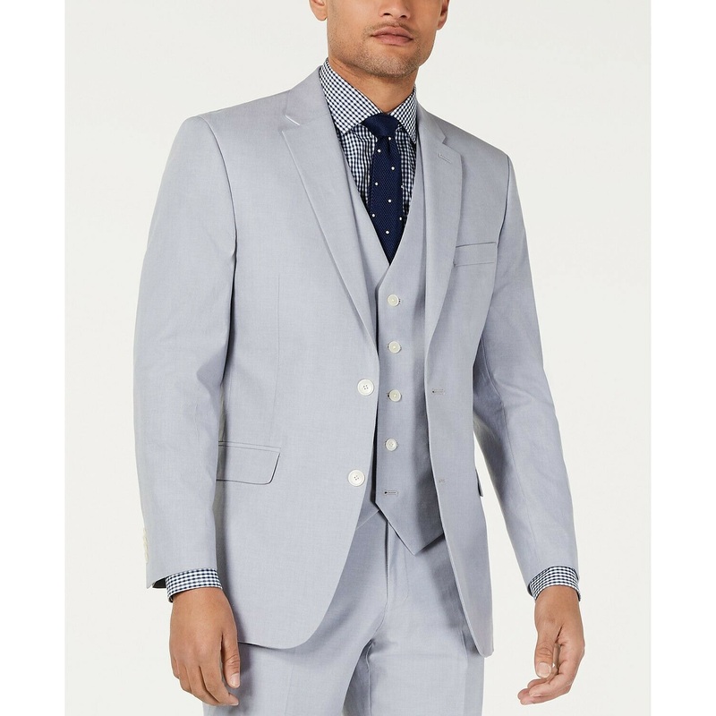 Tommy Hilfiger Mens Suit Jacket 38R Modern-Fit Stretch Solid Light Gray Chambray
