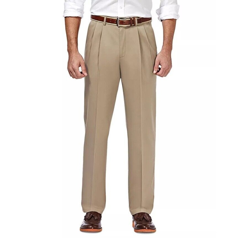 HAGGAR Men's No Iron Khaki Classic Fit Pleated Hidden Expandable Pants 44 x 32