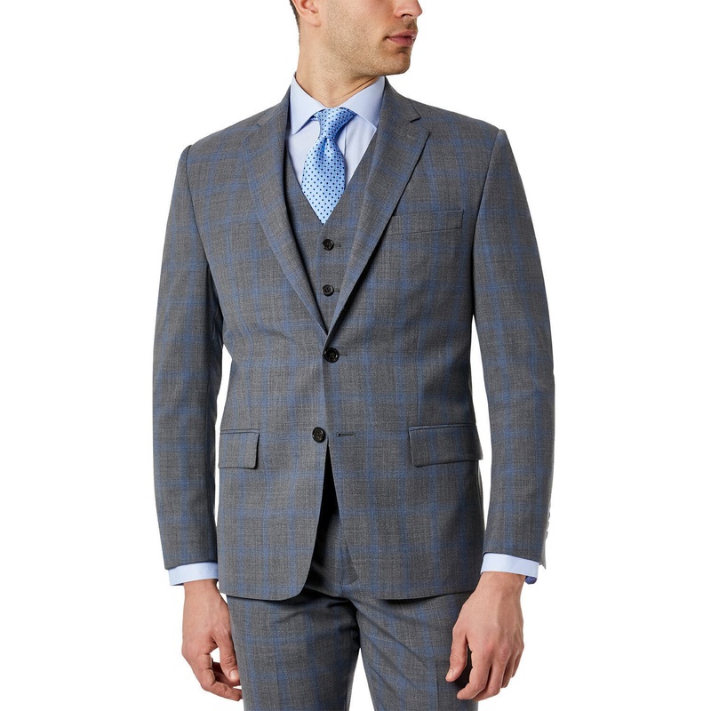 Lauren Ralph Lauren Mens Wool Stretch Suit Jacket 40S Grey Blue Plaid