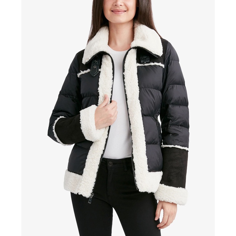 Tahari Women's Faux-Fur-Trim Puffer Coat Black / White XL