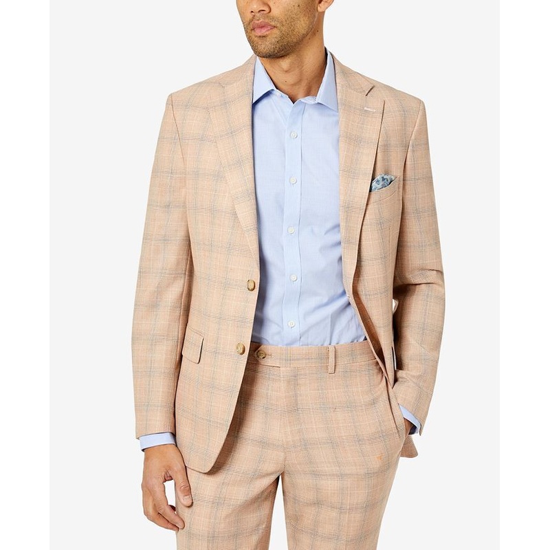 TALLIA Men's Slim-Fit Wool Suit Jacket 40L Tan Blue Plaid