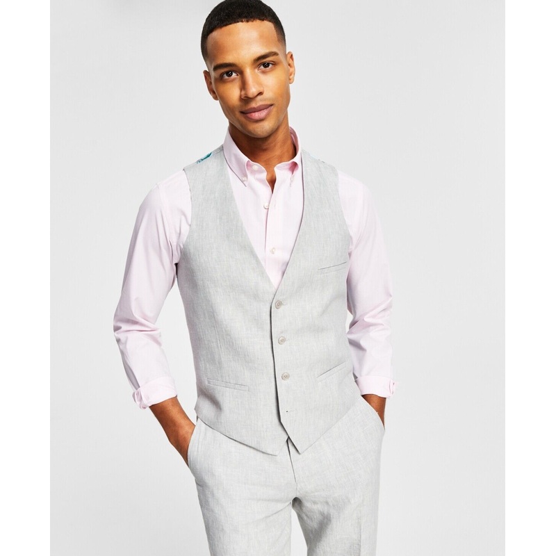 Bar III Men's Slim-Fit Light Gray Chambray Linen Suit Vest XL Solid Grey
