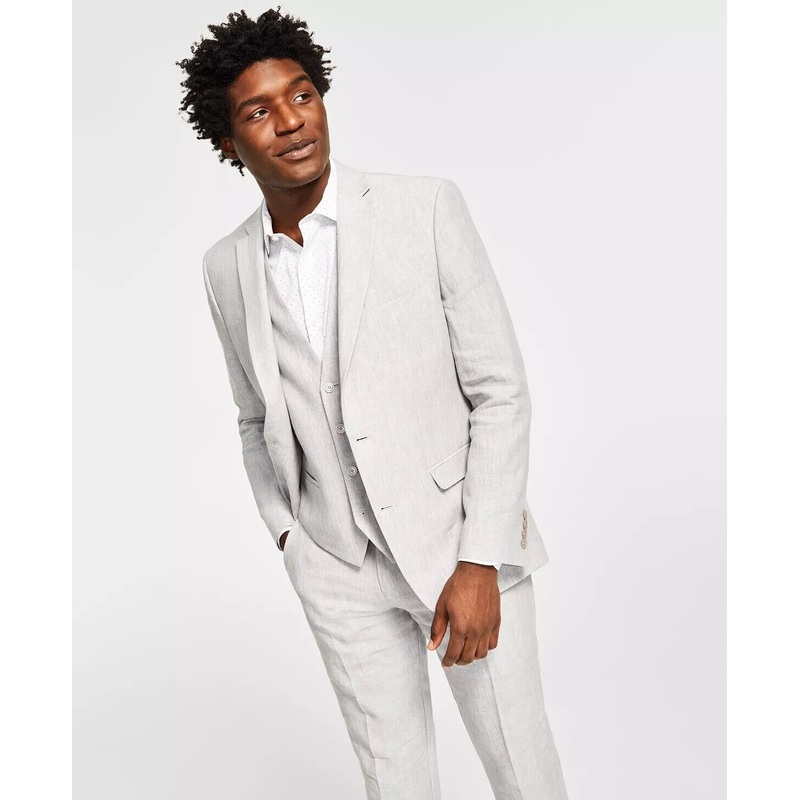 Bar III Men's Slim-Fit Textured Linen Suit Jacket 44R Light Grey Two Button