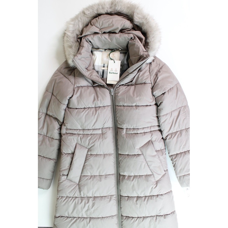 Barbour Womens Francesca Faux Fur Trim Hooded Puffer Coat UK 8 US 4 Tan
