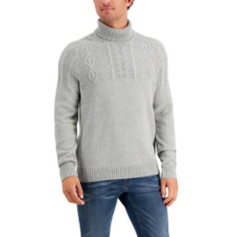 Club Room Men's Chunky Cable Knit Turtleneck Sweater Grey Heather Large