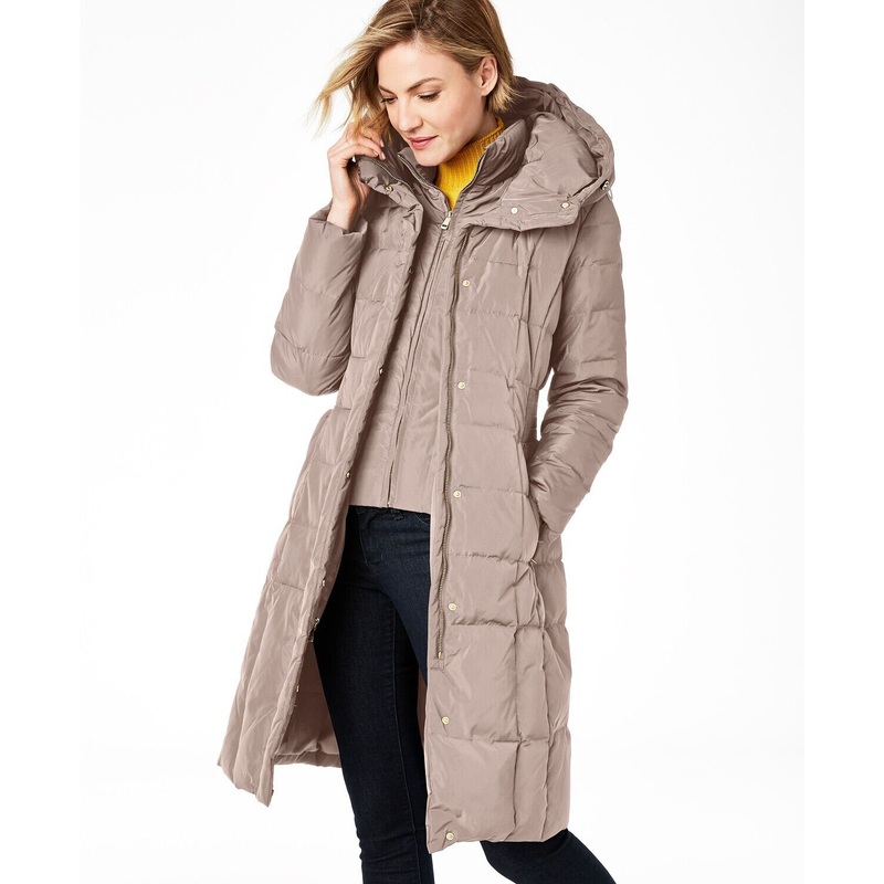 Cole Haan Womens Box-Quilt Down Puffer Coat XS Cashew Beige