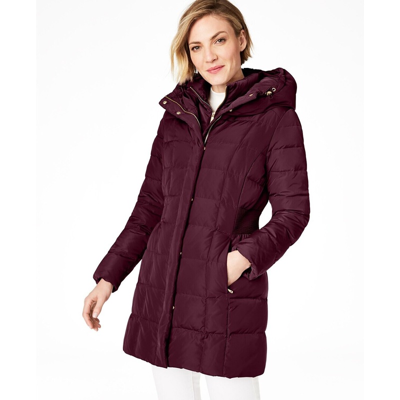 Cole Haan Womens Hooded Down Puffer Coat XS Merlot Burgundy Red