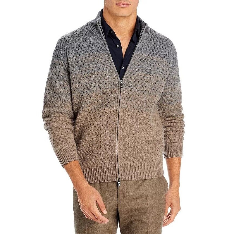 Corneliani Mens Ombr Zip Front Cable Knit Sweater EU 50 US 40 Grey