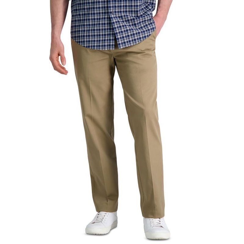 Haggar Men's No Iron Straight Fit Flex Waist Flat Pants 33 x 32 British Khaki