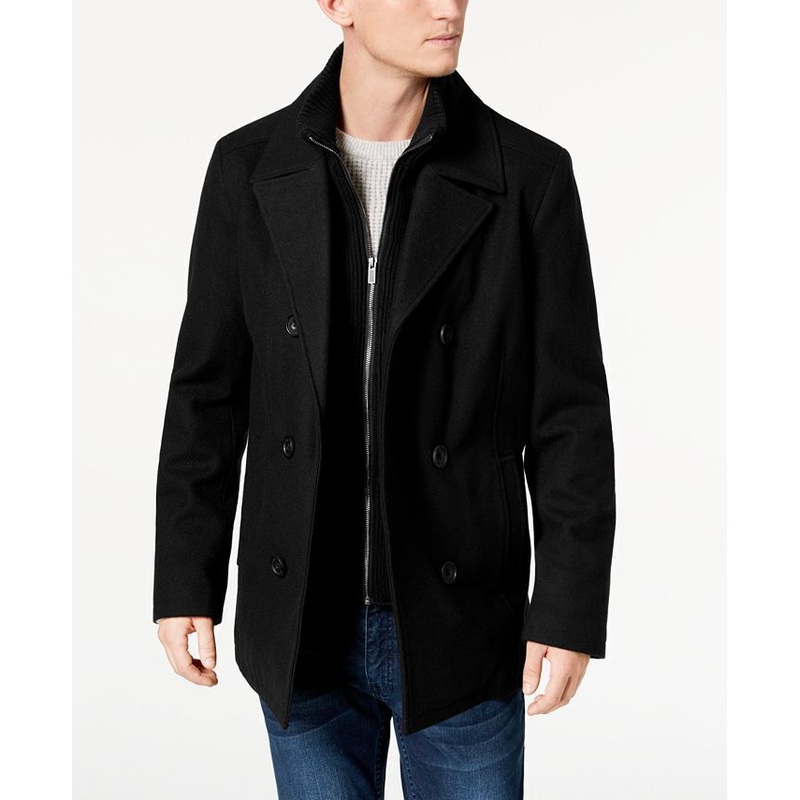 Kenneth Cole Men's Double Breasted Wool Blend Peacoat Medium Bib Black Coat