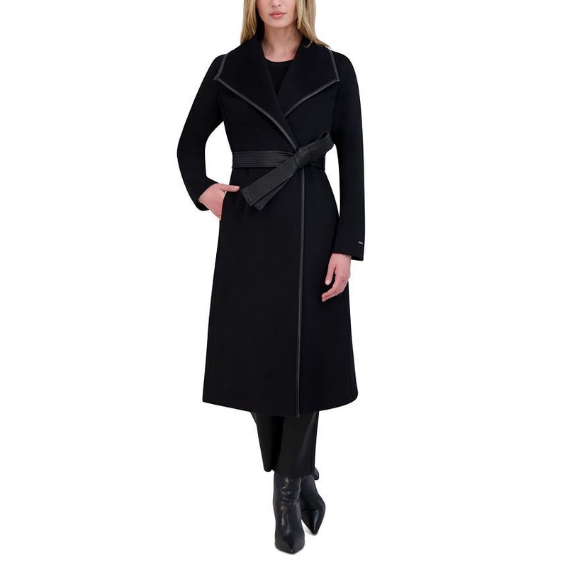 Tahari Womens Faux-Leather-Trim Belted Wrap Coat Medium Black