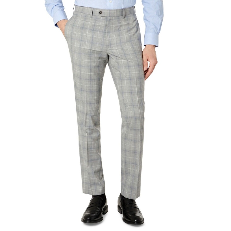 Tallia Mens Slim-Fit Wool Dress Pants 34 X 32 Light Grey / Blue Plaid Flat Front