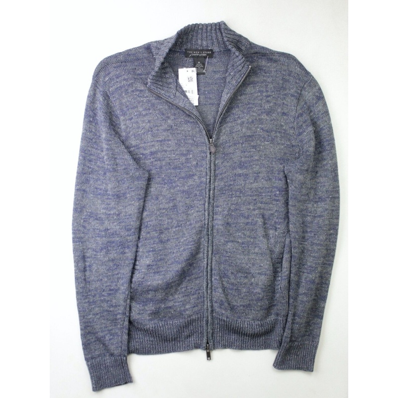 The Men's Store Linen Melange Knit Regular Fit Full Zip Sweater Blue Medium Mens