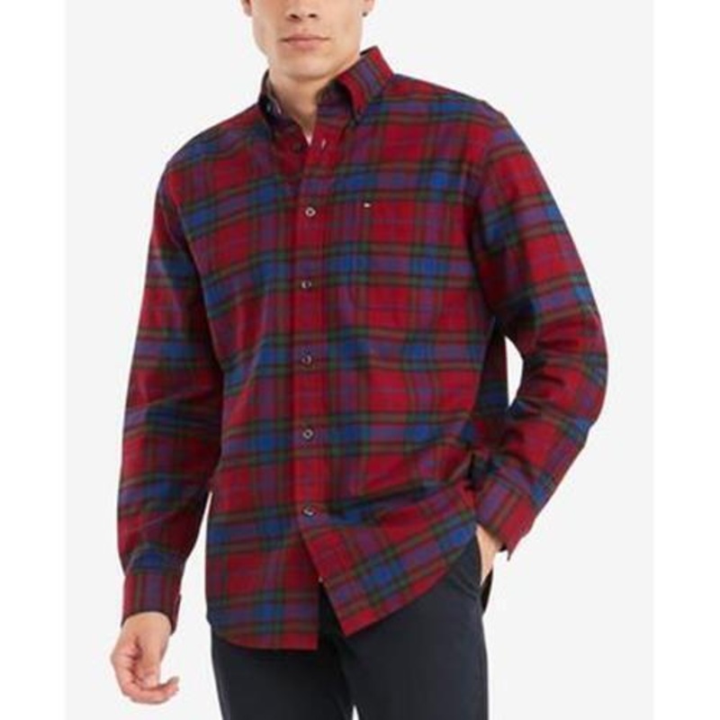 Tommy Hilfiger Men's Bennett Tartan Plaid Button-Down Shirt Dark Red XL