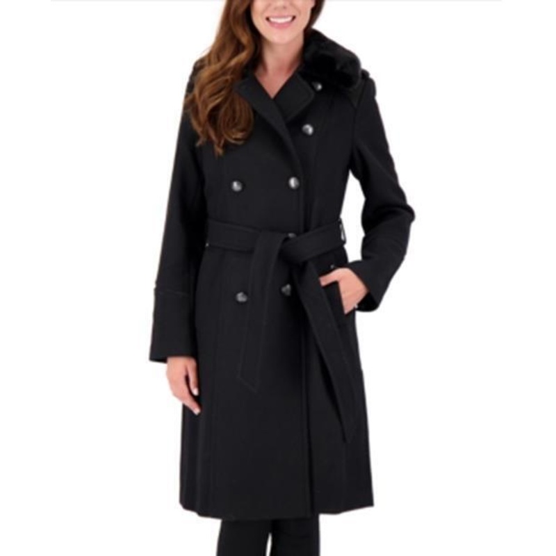 VINCE CAMUTO Faux-Fur-Collar Double-Breasted Belted Coat Black Medium