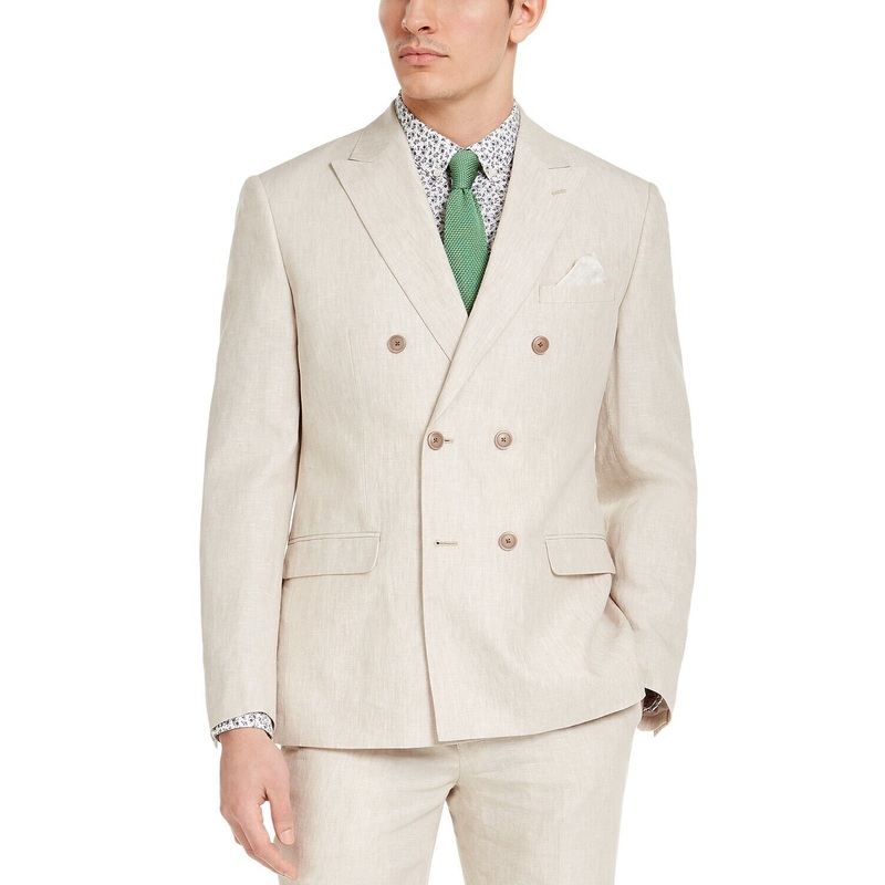 Bar III Men's Slim-Fit Tan Solid Double-Breasted Suit Jacket 44R Linen