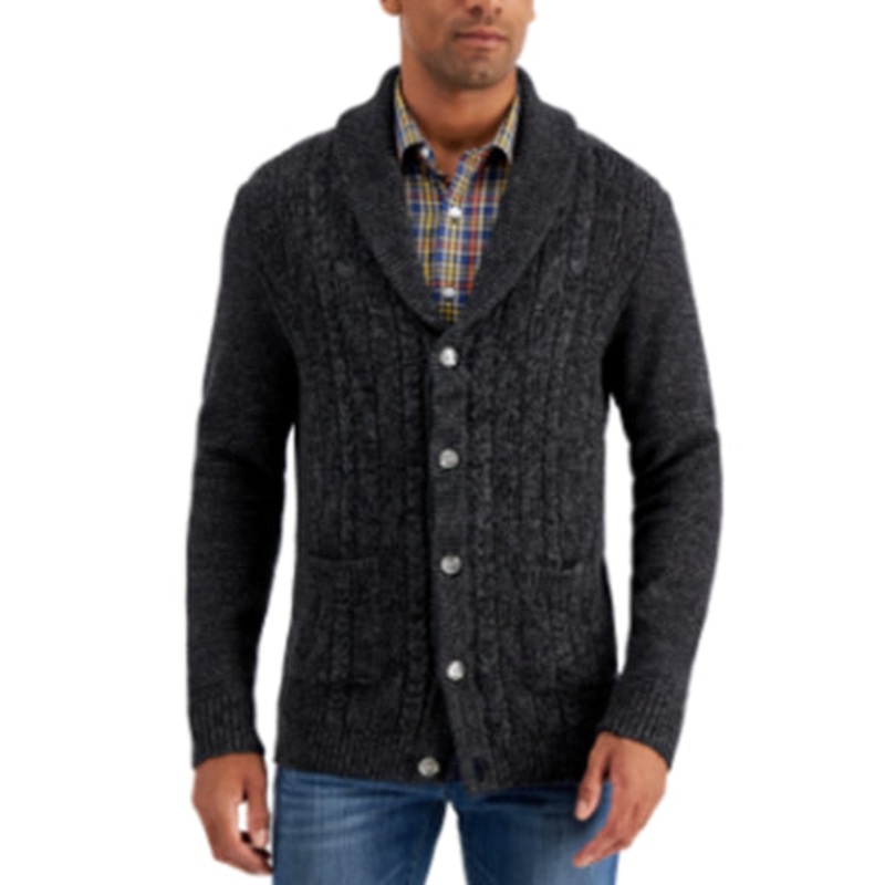 CLUB ROOM Men's Chunky Shawl Collar Cardigan Black Marbled Medium