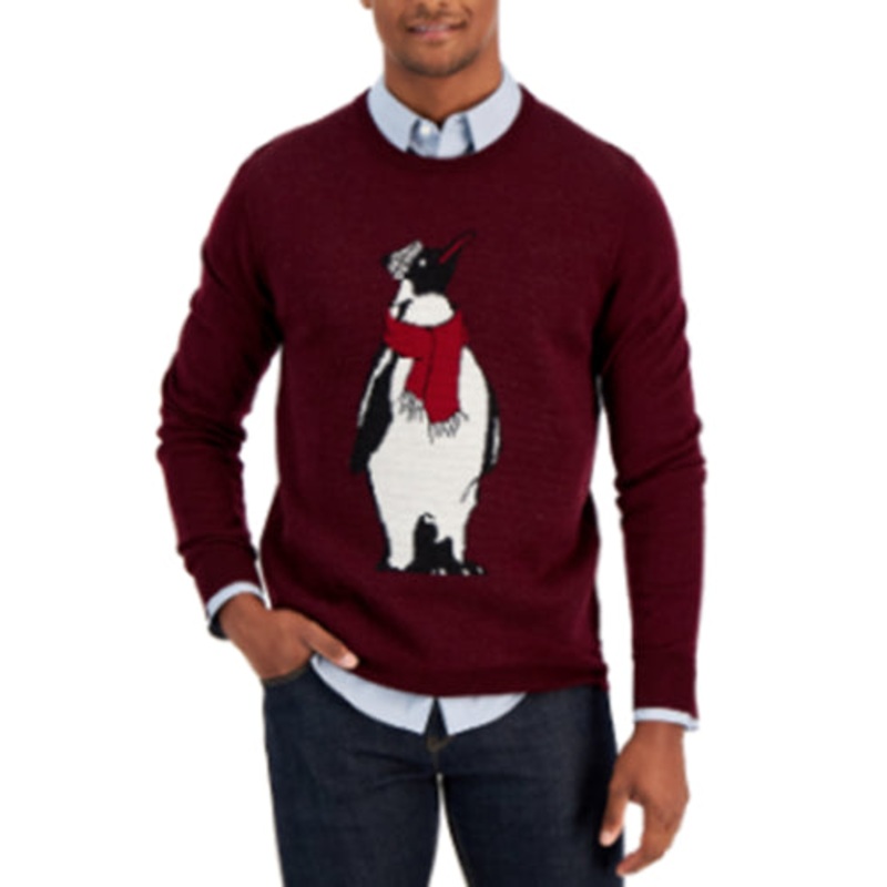 Club Room Men's Merino Penguin Sweater Red Plum Combo Medium