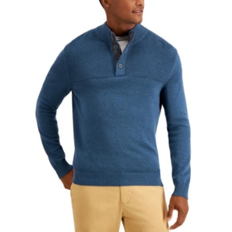 Club Room Men's Ribbed 4 Button Mock Neck Sweater Blue Wing 3XL