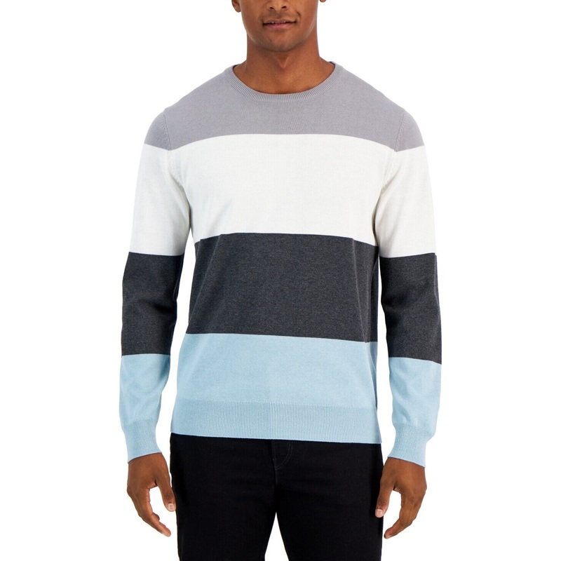 Club Room Mens Thierry Stripe Crewneck Sweater Pale Glass Blue Grey 2XL