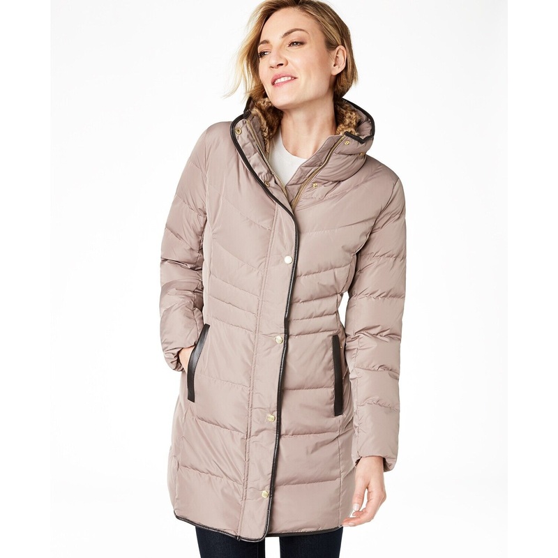Cole Haan Womens Faux-Fur-Lined Down Puffer Coat Large Cashew Tan (DEFECT)
