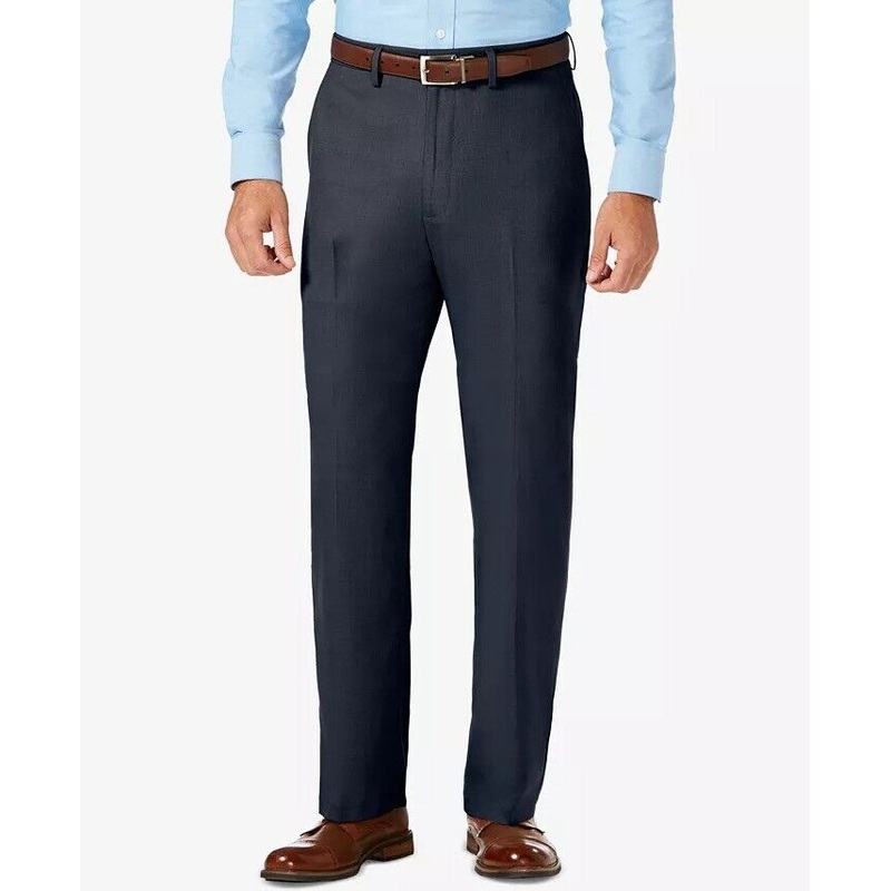 HAGGAR Mens Classic Fit Stretch Sharkskin Flat Dress Pants 42 x 32 Navy Blue