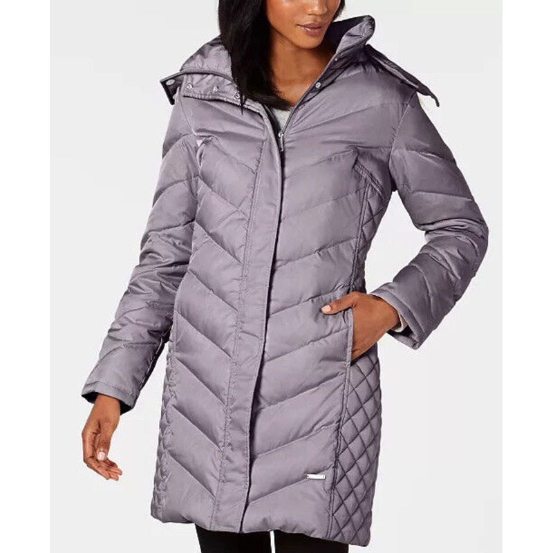 KENNETH COLE FauxFur Down Hooded Puffer Coat PM Petite Medium Nickel Grey Womens