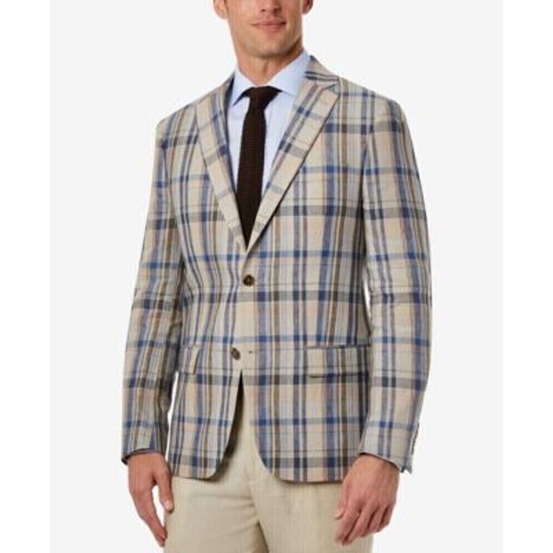 Lauren Ralph Lauren Mens Ultraflex Stretch Linen Blazer 38R Tan Blue