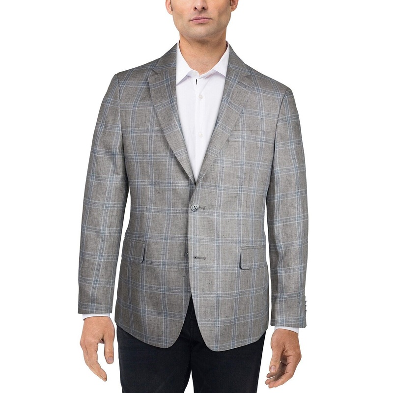 Tommy Hilfiger Men's Modern-Fit Linen Plaid Blazer Sport Coat 44L Taupe / Blue