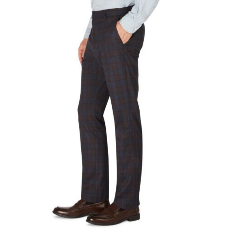 TOMMY HILFIGER Men's Modern-Fit TH Flex Plaid Pants Navy Brown 40 X 30