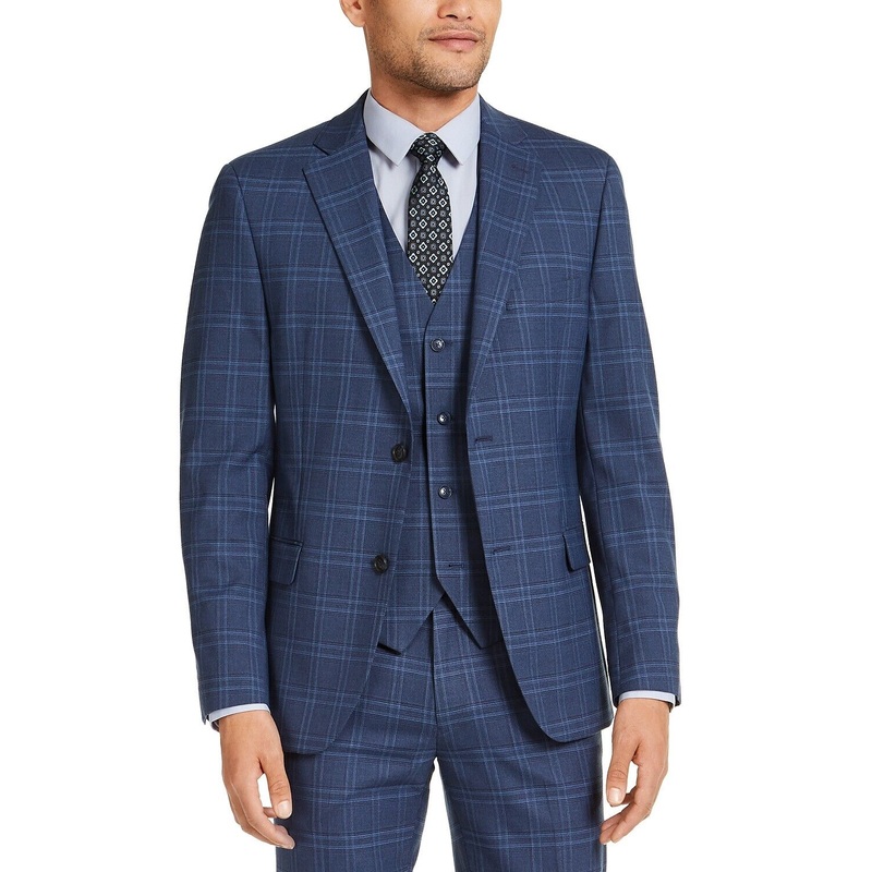 Alfani Men's Slim-Fit Stretch Navy Blue Plaid Suit Jacket 40L