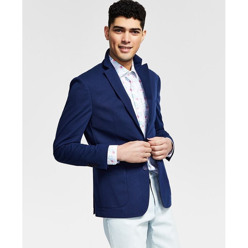 BAR III Men's Navy Blue Sport Coat 44R Slim-Fit Solid Blazer