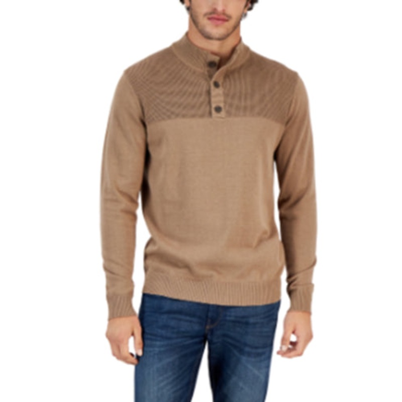 Club Room Men's Waffle Button Mock Neck Sweater Cracked Walnut Brown 3XL