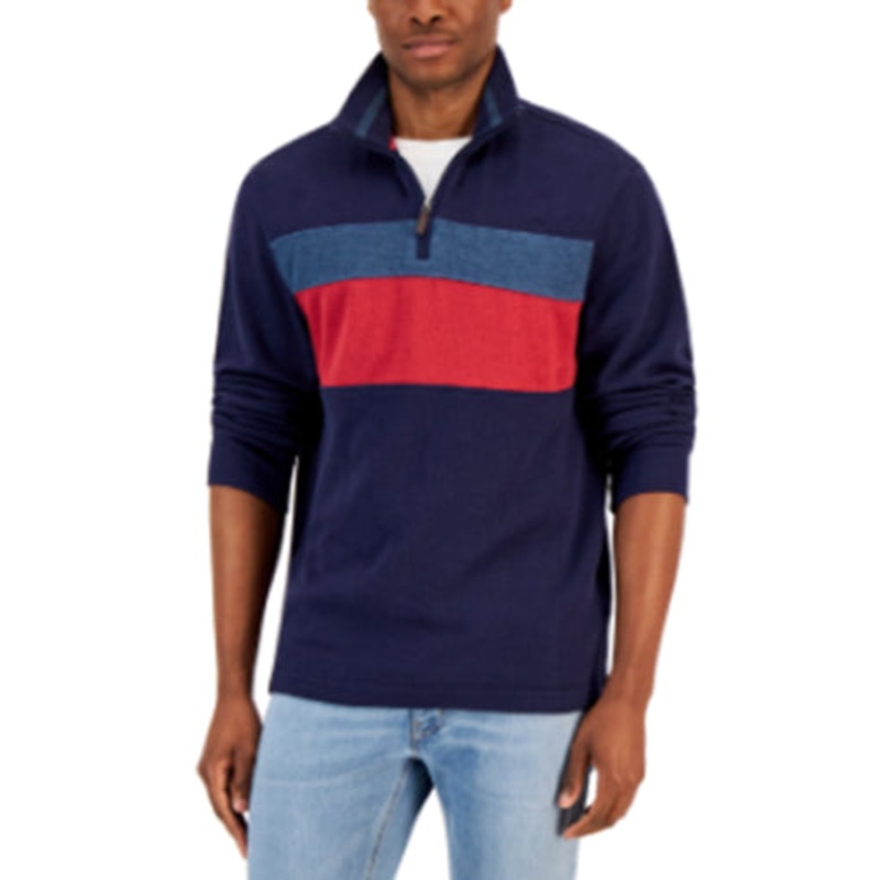 Club Room Mens Colorblocked Quarter Zip French Rib Sweater Navy Blue 2XL
