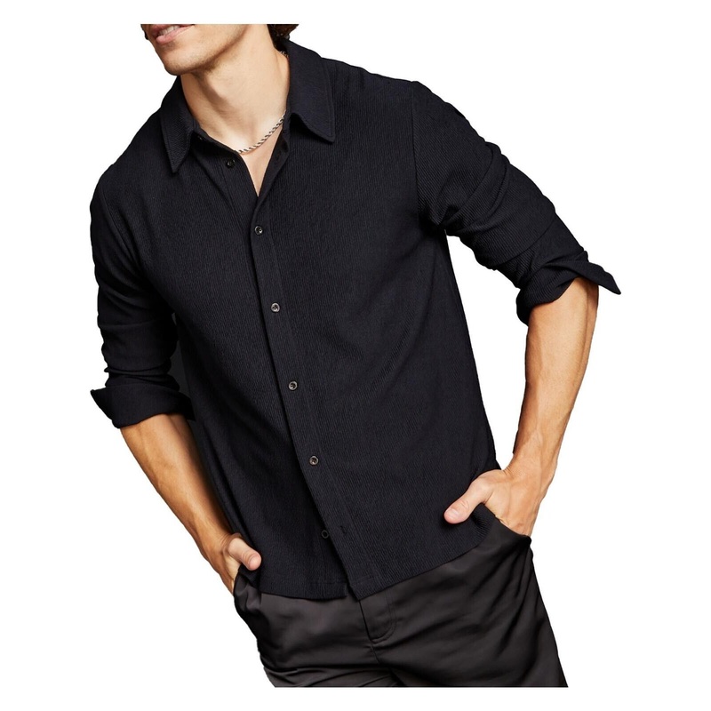 Royalty by Maluma Men's Relaxed-Fit Textured Plisse Knit Shirt XL Black