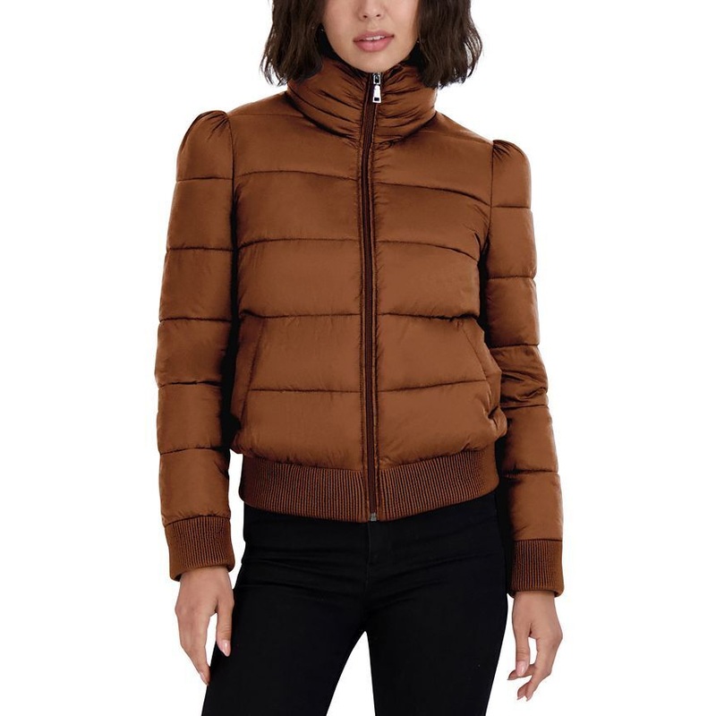 TAHARI Women's Puff-Shoulder Bomber Puffer Coat Medium Tobacco Brown