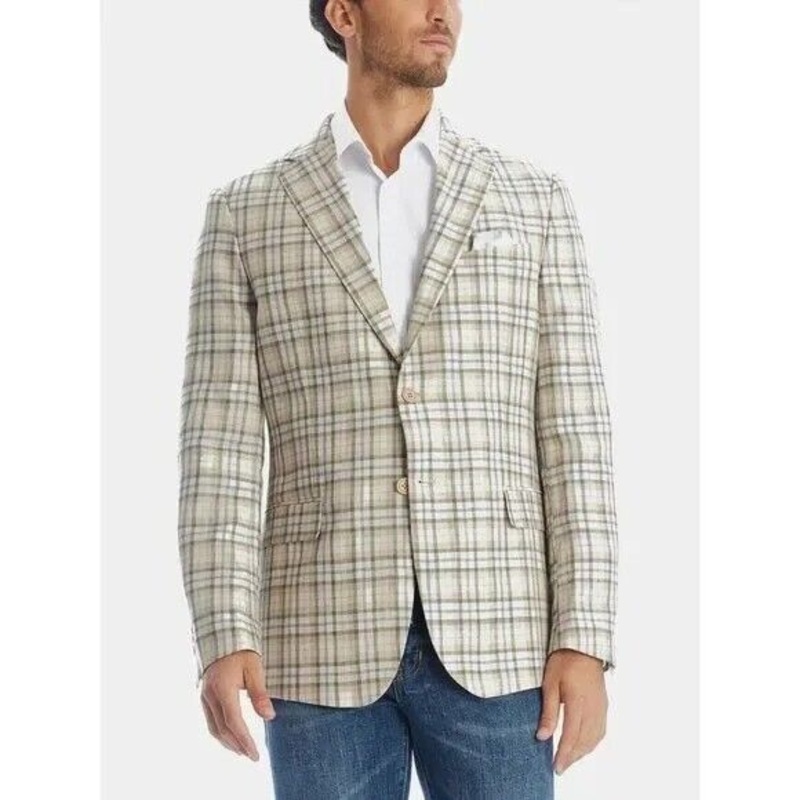Tallia Men's Slim-Fit LINEN Plaid Blazer 42R Tan Sport Coat