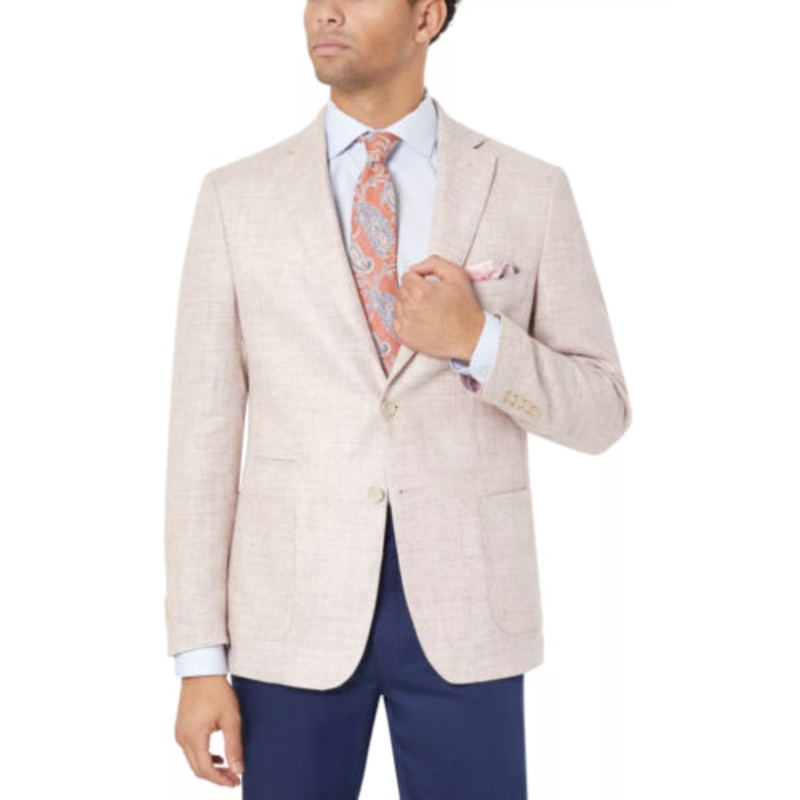TALLIA Mens Linen Sportcoat 40L Pink Slim Fit Patterned