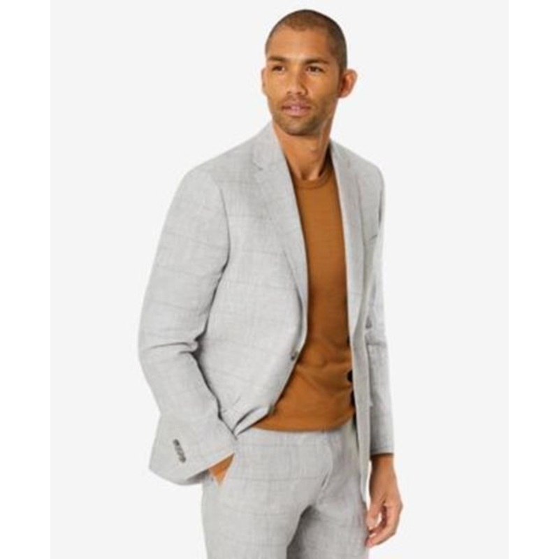 Tommy Hilfiger Men Modern Fit Flex Stretch Plaid Linen Suit Jacket Grey Tan 40L